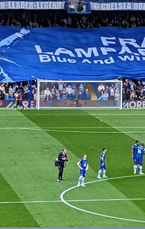 Banner celebrating Frank Lampard as Chelsea manager at Stamford Bridge