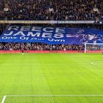 Fan Banner of Reece James displayed before a game at Stamford Bridge reading "Reece James He's One Of Our Own"
